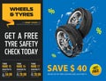 Tires banner. Magazine ad unit. Tyre advertisement poster. Marketing. Website. Realistic vector shining disk car wheel tyre. Wate